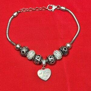 925 Italian sterling silver charm bracelet by Fiora, heart charms with crystals